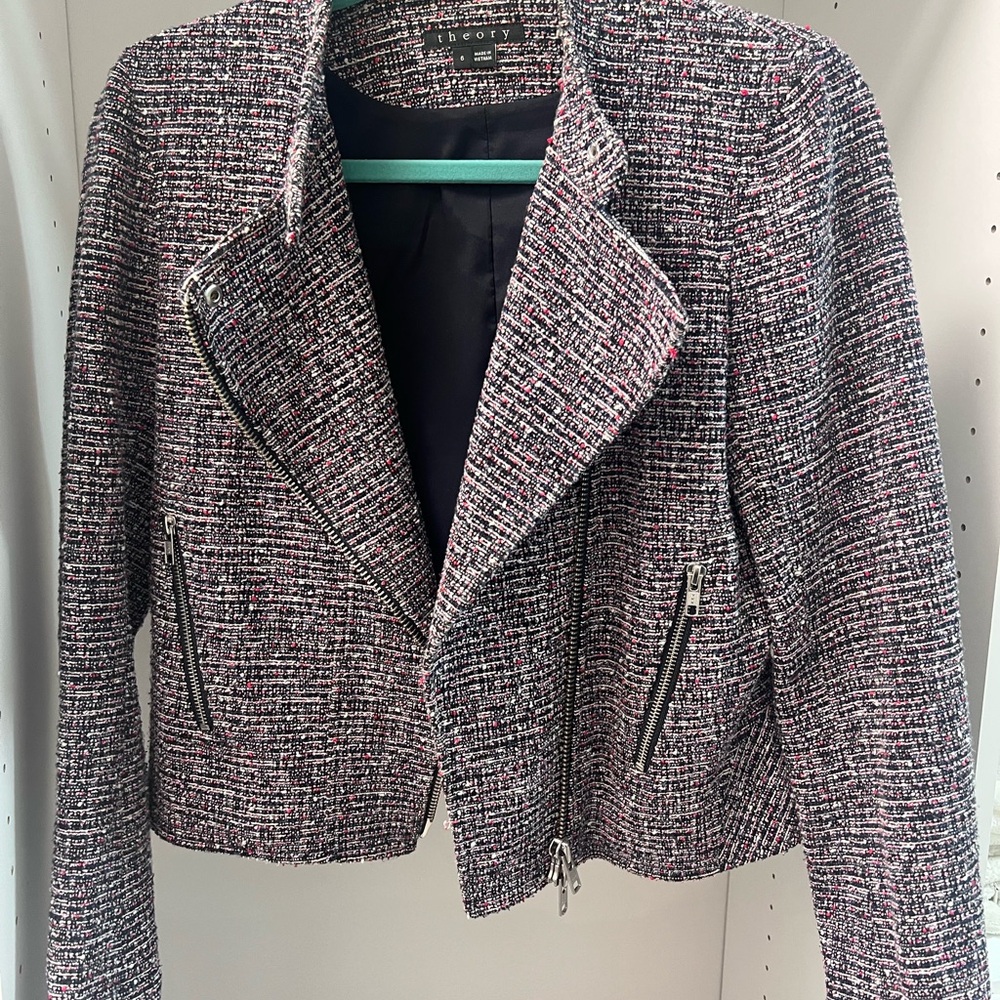 Theory Women's Black and Pink Tweed Blazer